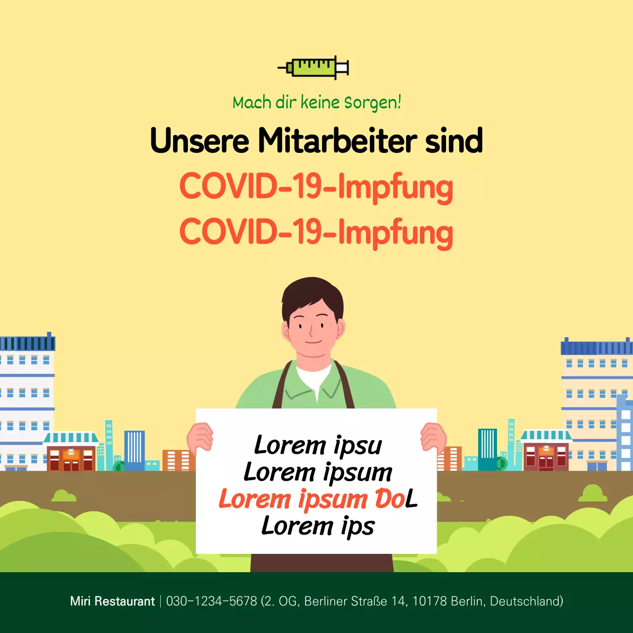 Quadratisches Coronavirus-Impfplakat mit gelber Illustration