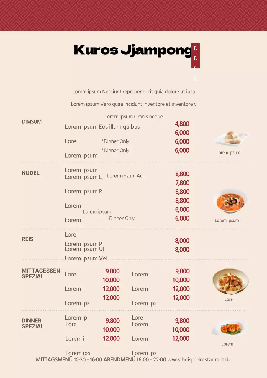 Speisekarte eines chinesischen Restaurants mit traditionellen roten Mustern und Fotos von Speisen