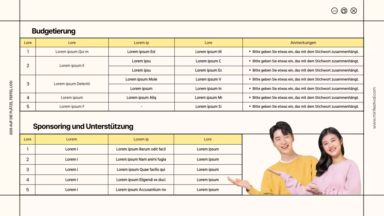 Elfenbeinfarbene und gelbe Rahmen markieren den Vorschlag für ein Universitätsfest
