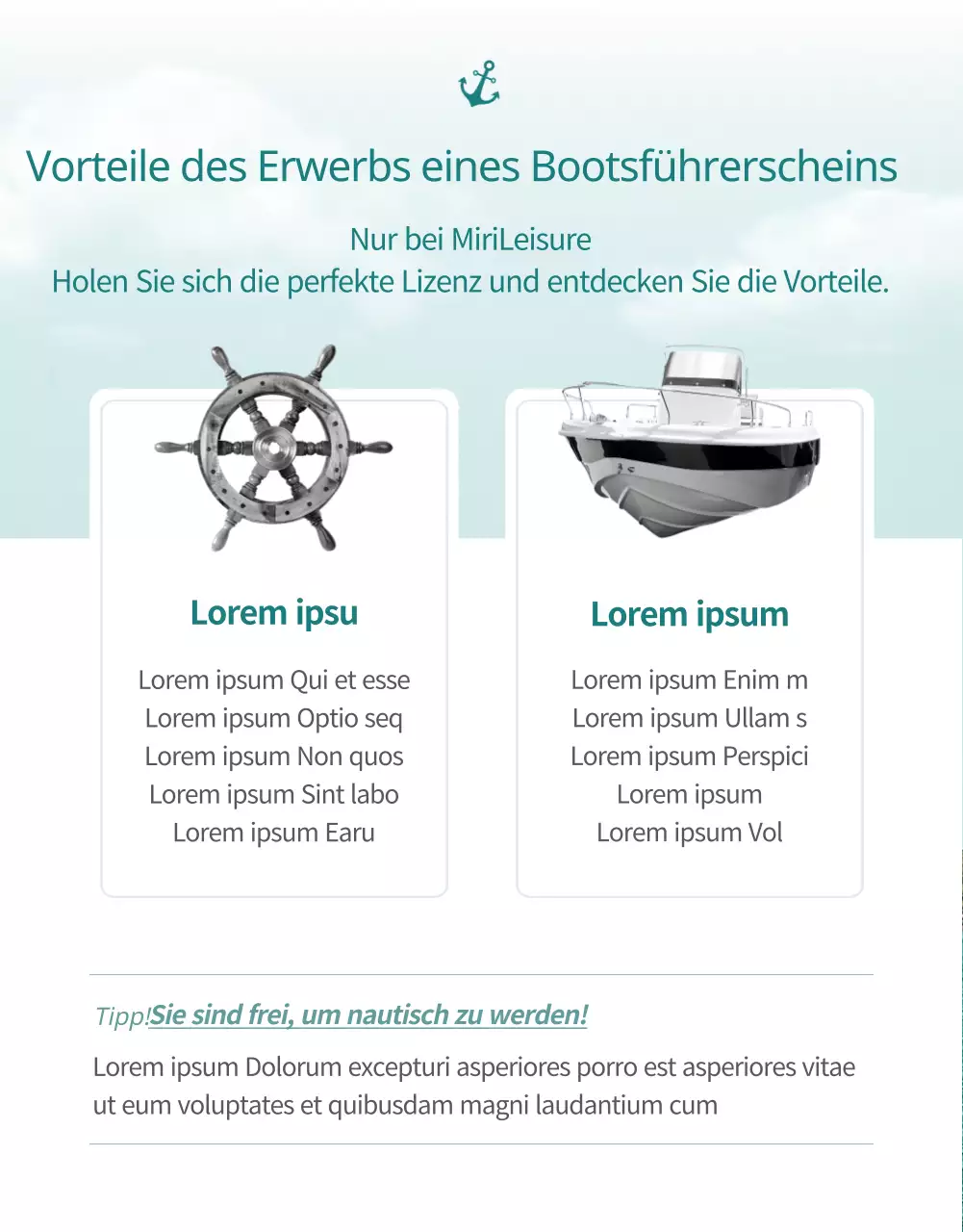 Einfacher hellblauer und grüner Leitfaden für die Buchung des Bootsführerscheins