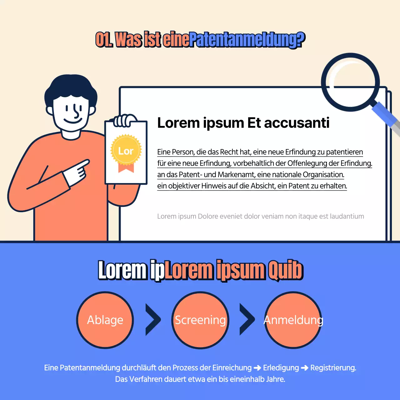 Informationskarte zur Patentanmeldung in Beige, Blau und Orange News