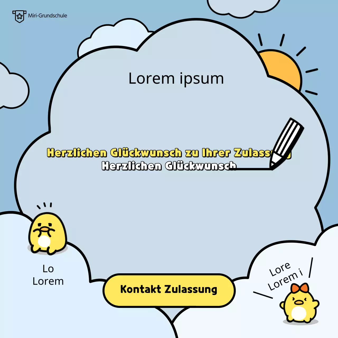 Grundschulaufnahmeberatung mit einer niedlichen Entenfigur vor einem hellblauen und gelben Wolkenhintergrund