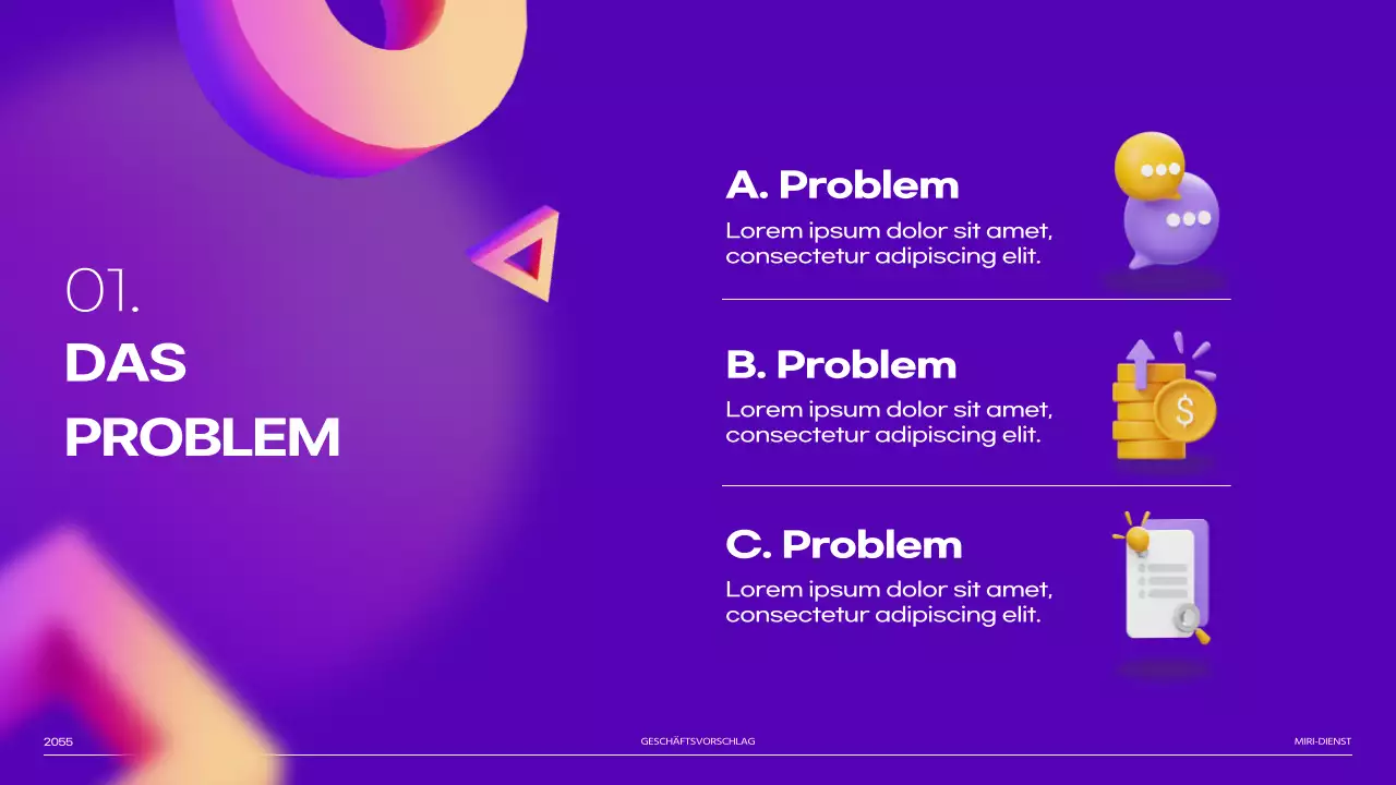 Pitchdeck aus lila 3D-Formverlaufsbildern