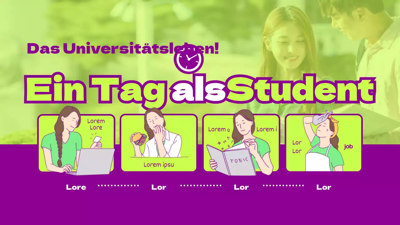 Tagesablauf eines Neulings in hellgrün und lila, übersichtliches horizontales Stundenplanformat