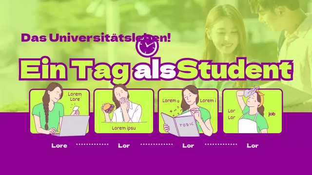 Tagesablauf eines Neulings in hellgrün und lila, übersichtliches horizontales Stundenplanformat