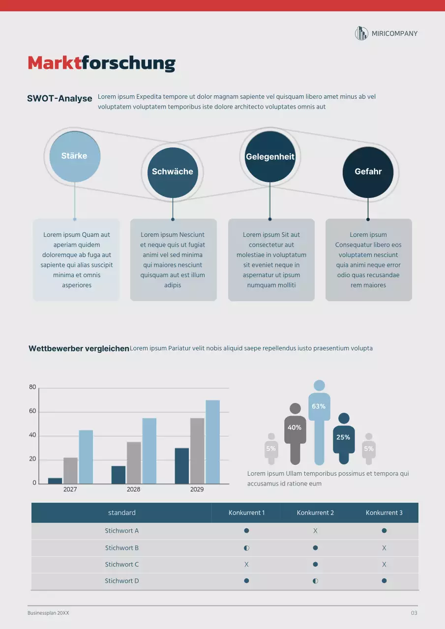 Grafikkonzept Businessplan in Marineblau und Rot