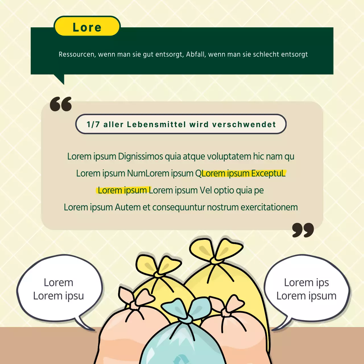 Gelb und grün illustrierte Tipps zur Lebensmittelverschwendung