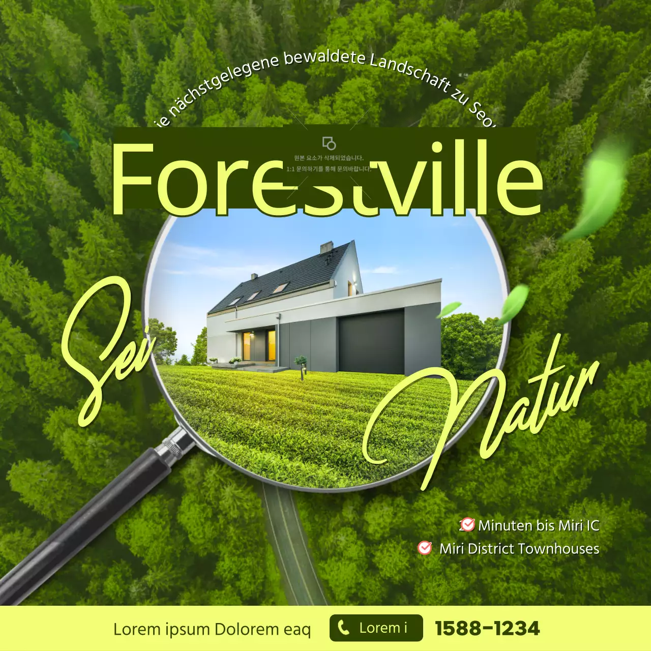 Werbung für ein Konzept-Häuschen mit einem Blick aus der Vogelperspektive auf die weite Naturlandschaft in Chartreuse-Grün und einem Vergrößerungsglas