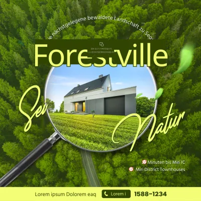 Werbung für ein Konzept-Häuschen mit einem Blick aus der Vogelperspektive auf die weite Naturlandschaft in Chartreuse-Grün und einem Vergrößerungsglas