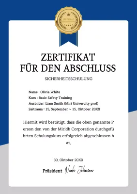Bescheinigung über den Abschluss des Sodomie-Sicherheitstrainings Zertifikat Aufgelistetes Business-Dokument Vorlage