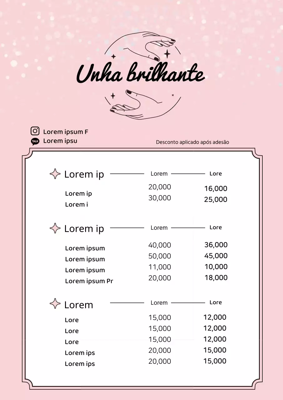 Menu de salão de beleza com ilustrações cor-de-rosa