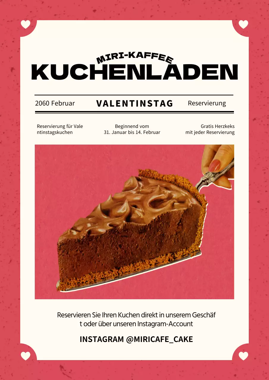 Eine rosa, zeitungsähnliche Werbung für eine Konditorei