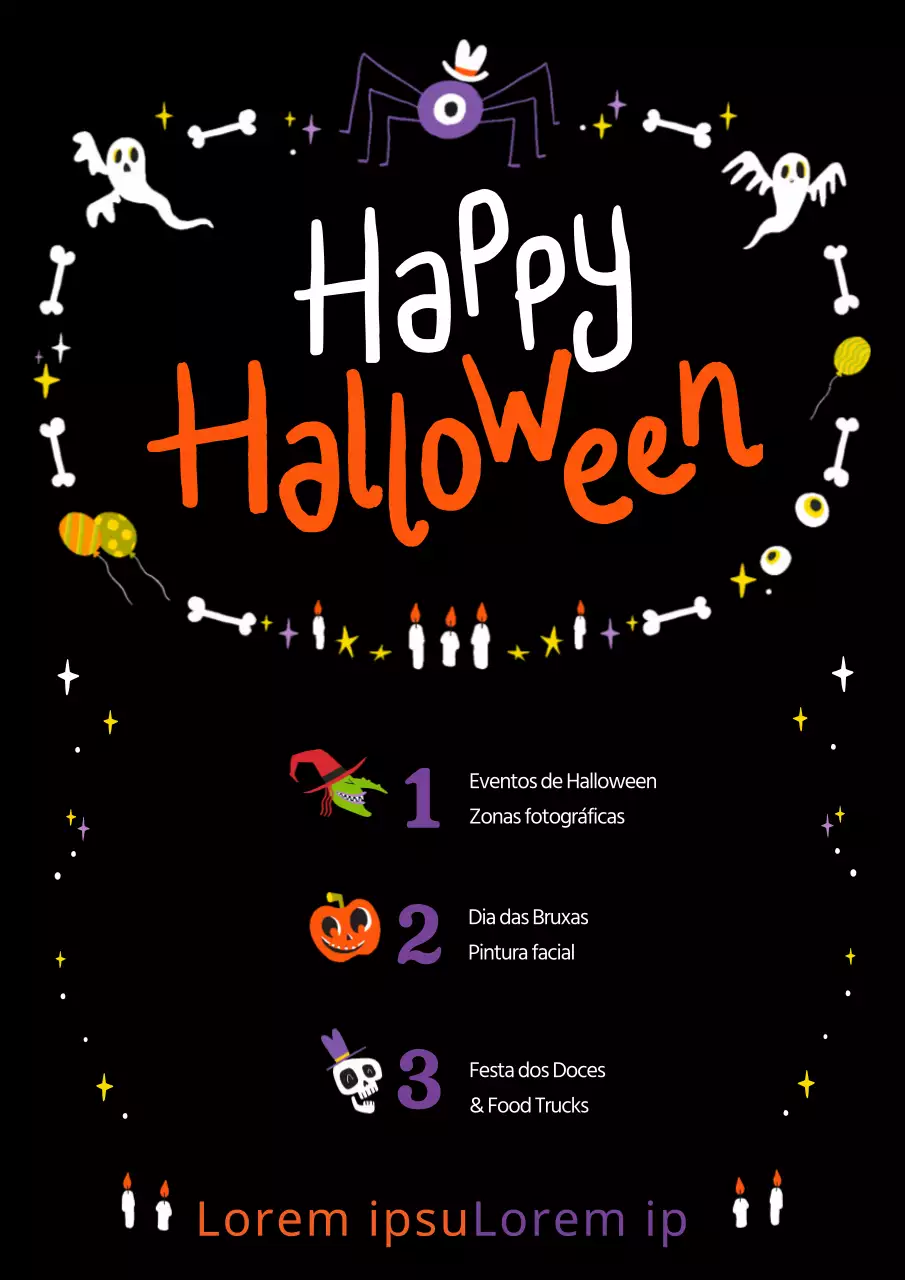 Promoção de uma festa num café com uma ilustração de decorações pretas de Halloween