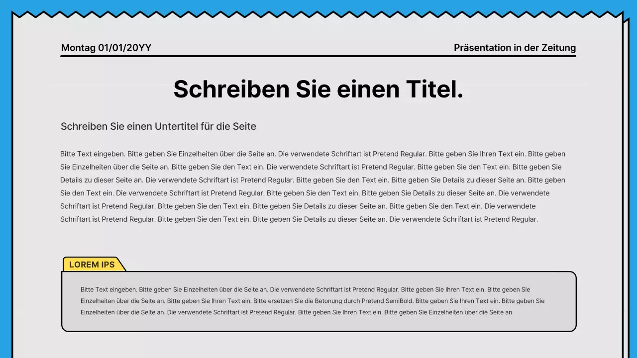 Kräftige Linien und eine aufmerksamkeitsstarke Präsentation in einem Zeitungskonzept mit gelben und hellblauen Akzentfarben