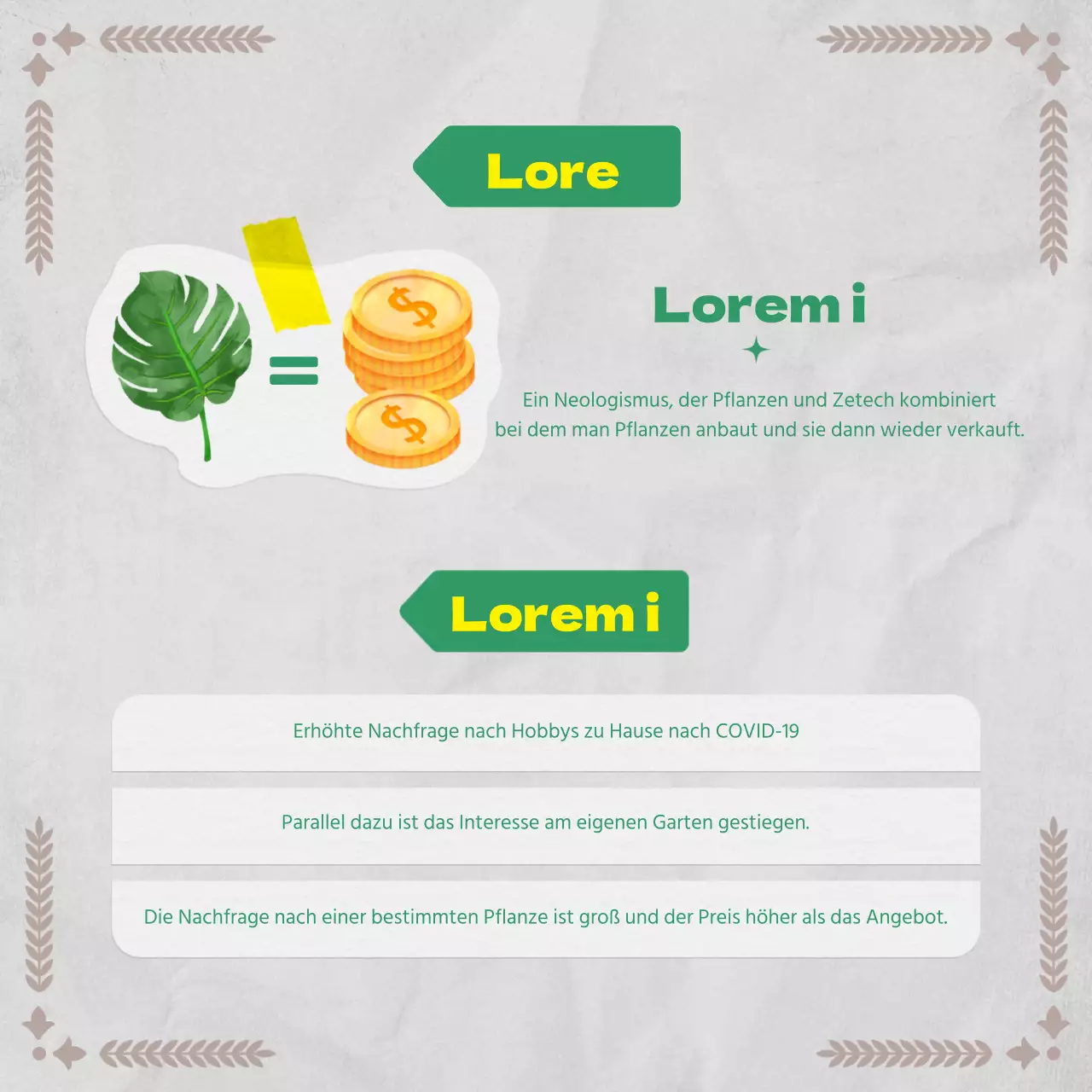 Botanische Informationen in einem Vintage-Papierkonzept mit Grün- und Grautönen