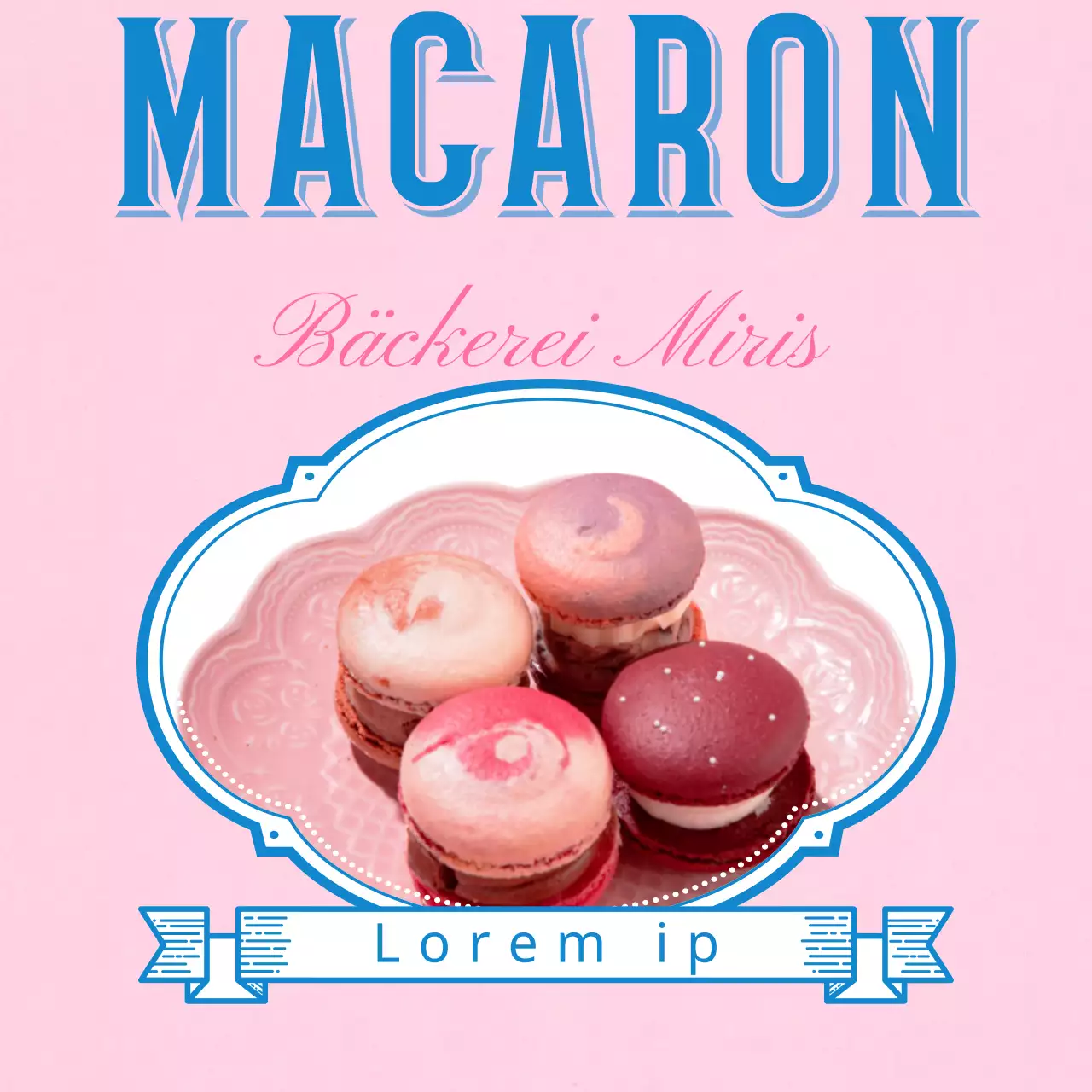 Ein Macaron-Café mit einem rosa-blauen Titel