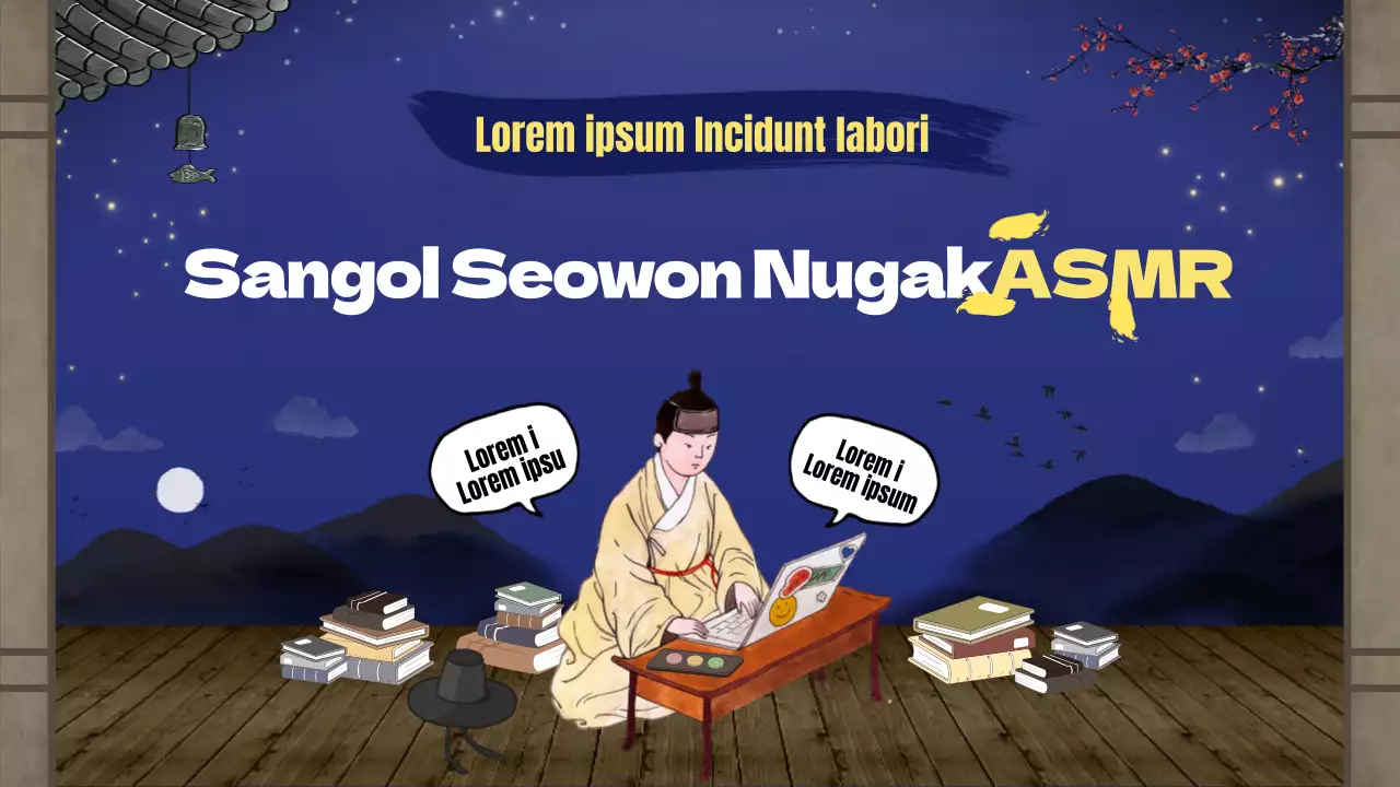 YouTube ASMR-Thumbnail eines sentimentalen Sageuk-Stils aus der Joseon-Dynastie mit indigoblauem Nachthimmel und braunen Ebenen.