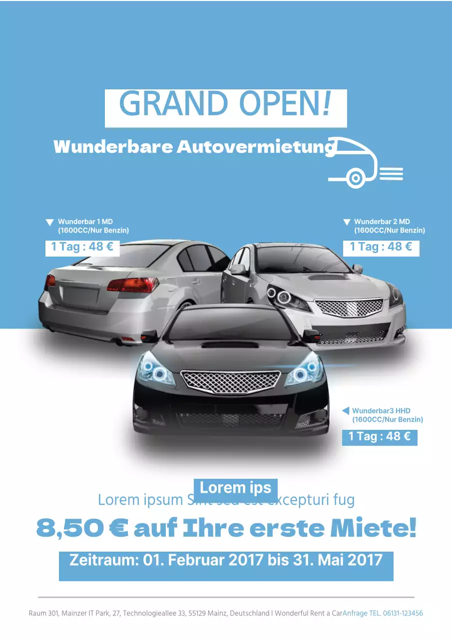 Einfacher, hellblauer Werbeflyer einer Autovermietung