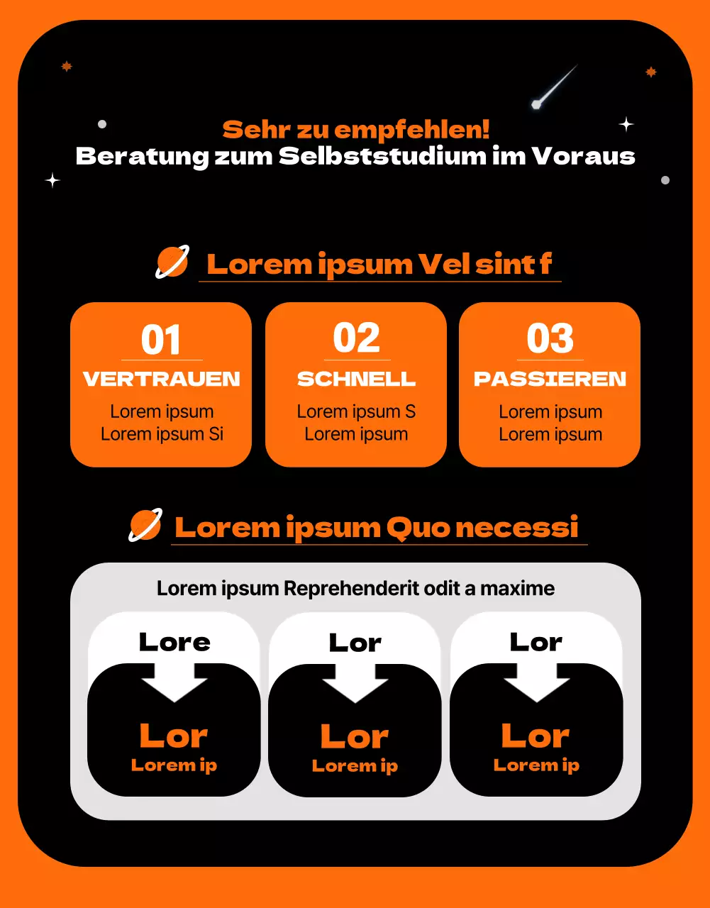 Ein Weltraumkonzept mit orangefarbenen Akzenten Einführung einer einzigartigen und lustigen Transferschule