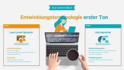 Thema Entwicklungssprache mit einer Kombination aus orange-türkisen 2D- und 3D-Illustrationen