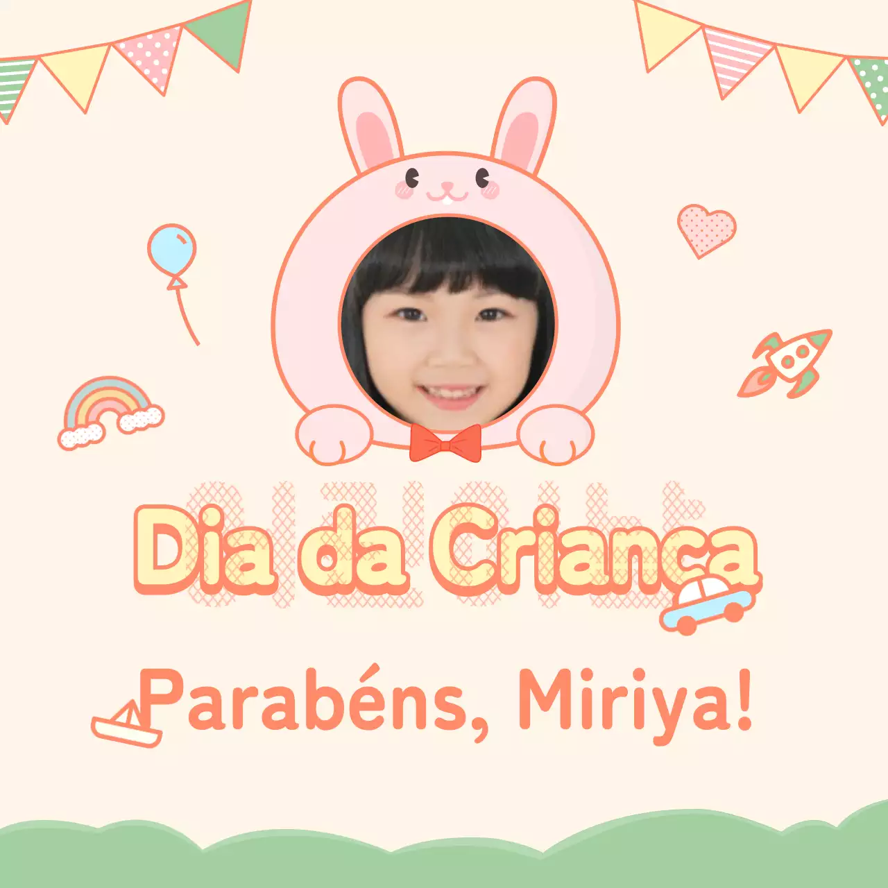 Saudações de Feliz Dia da Criança num conceito de moldura de coelhinho giro