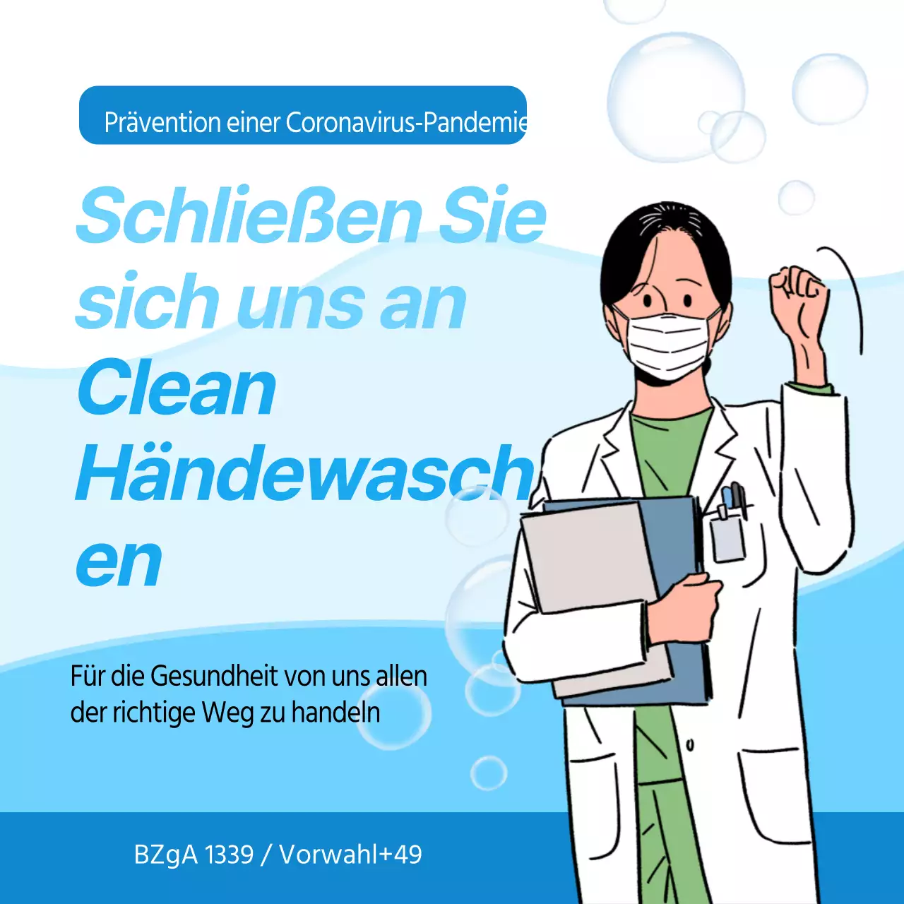 Blaue Handwaschanleitung zur COVID-Prävention