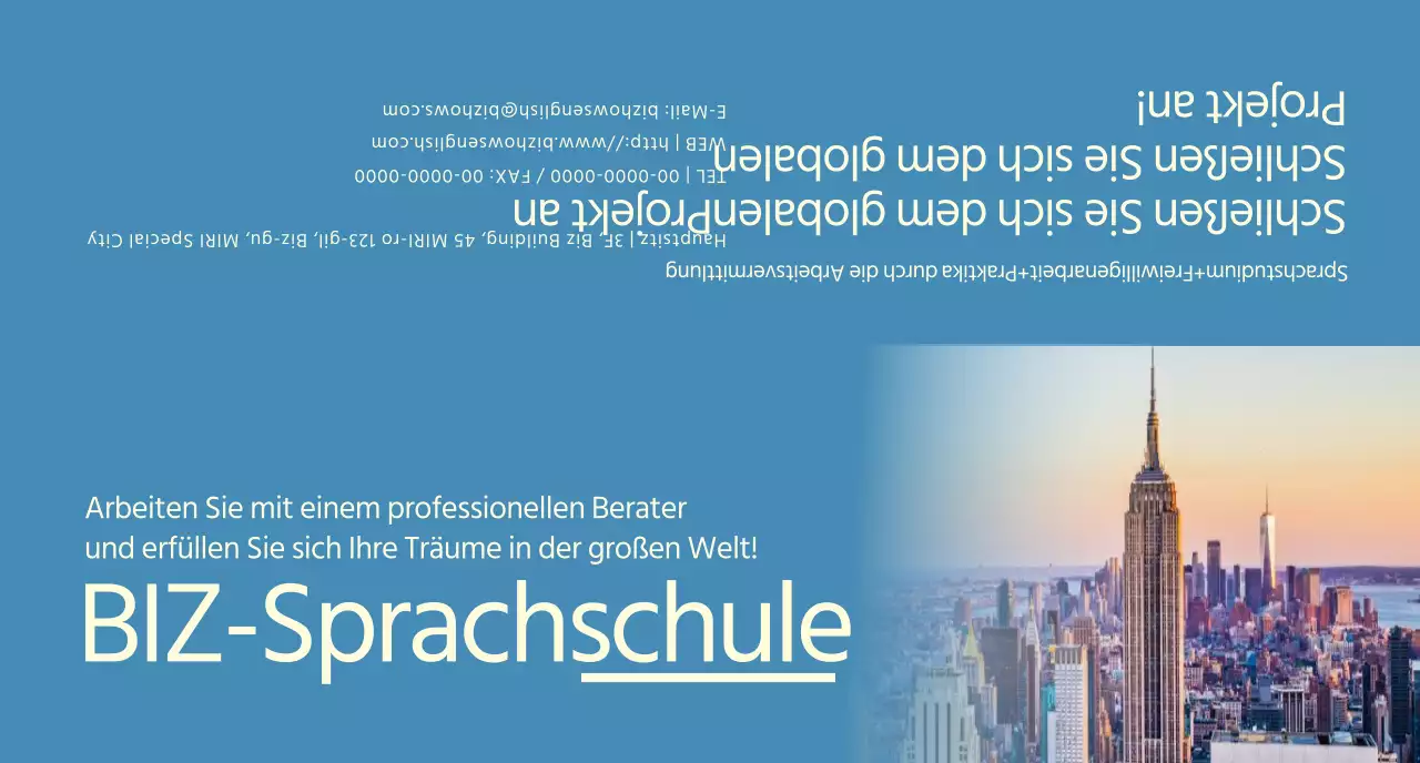 Werbung für eine Sprachschule mit blauen und gelben Fotos von fremden Landschaften