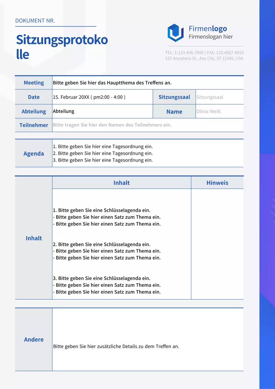 Einfaches Protokoll einer Geschäftsbesprechung mit einem blauen und grauen Grafikkonzept