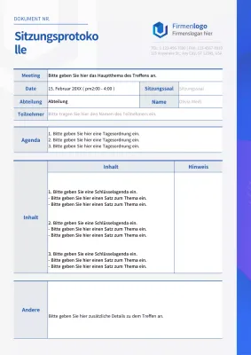 Einfaches Protokoll einer Geschäftsbesprechung mit einem blauen und grauen Grafikkonzept