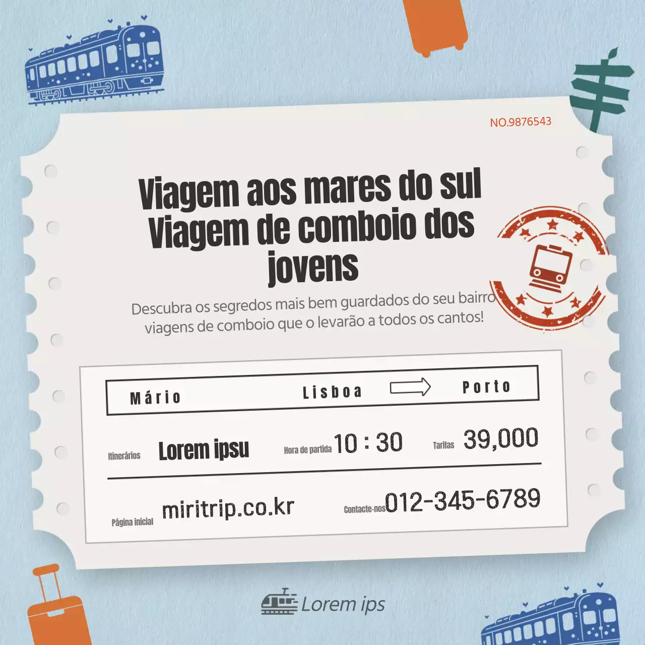 Promoção de viagens de comboio em bilhetes antigos azul-cinzentos claros
