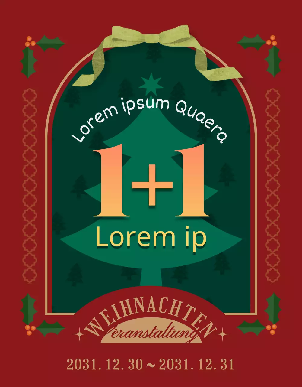 Weihnachtsaktion mit rotem Hintergrund und Baumschmuck