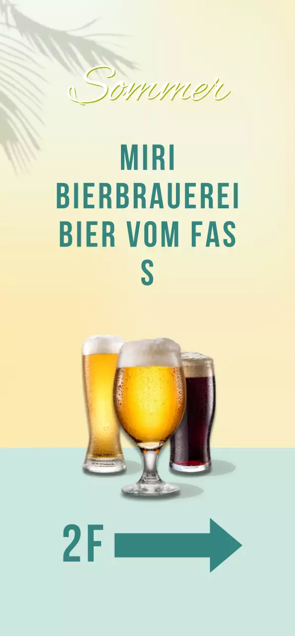 Banner mit gelbem Bier und Palmenschatten auf einem mintfarbenen Hintergrund