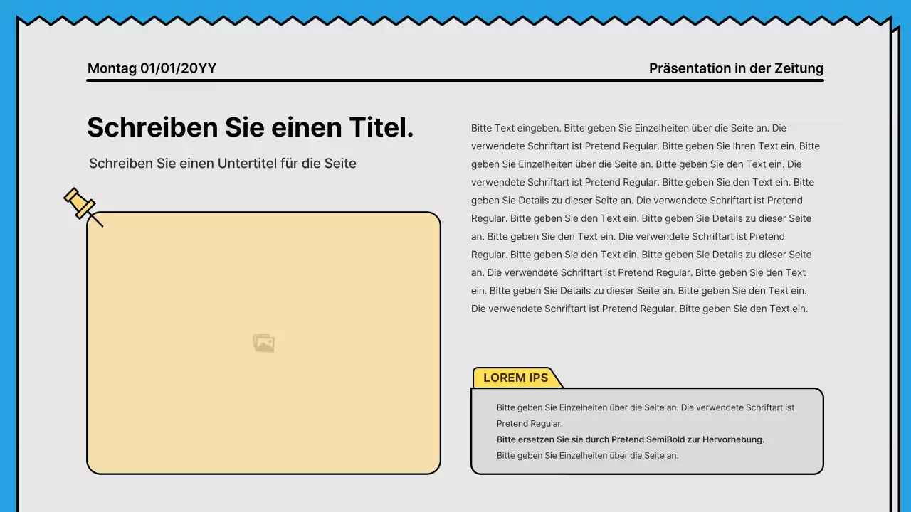 Kräftige Linien und eine aufmerksamkeitsstarke Präsentation in einem Zeitungskonzept mit gelben und hellblauen Akzentfarben