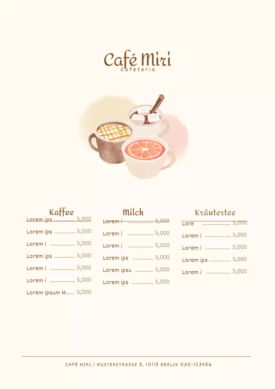 Café-Menü mit elfenbeinfarbenen Aquarellillustrationen von Getränken