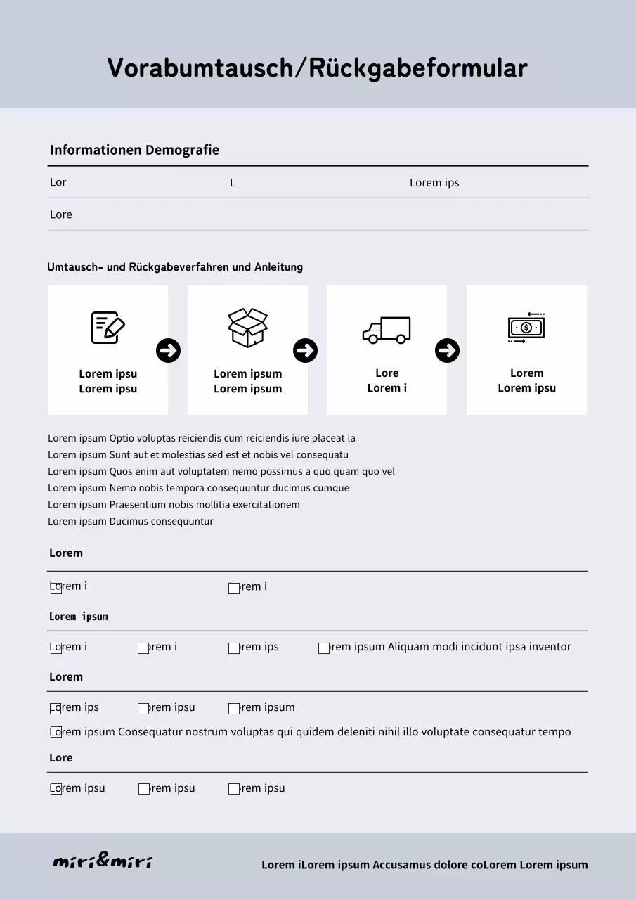 Blaues und sauberes Rückgabeformular für den Umtausch