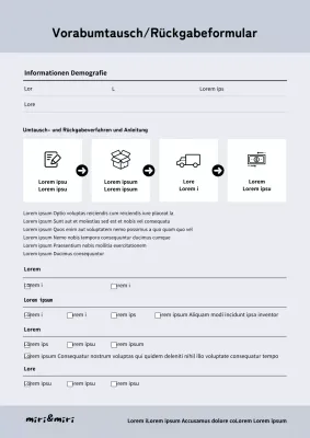 Blaues und sauberes Rückgabeformular für den Umtausch