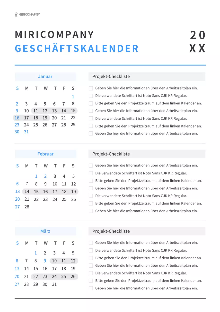 Einfacher Arbeitskalender in Weiß und Blau
