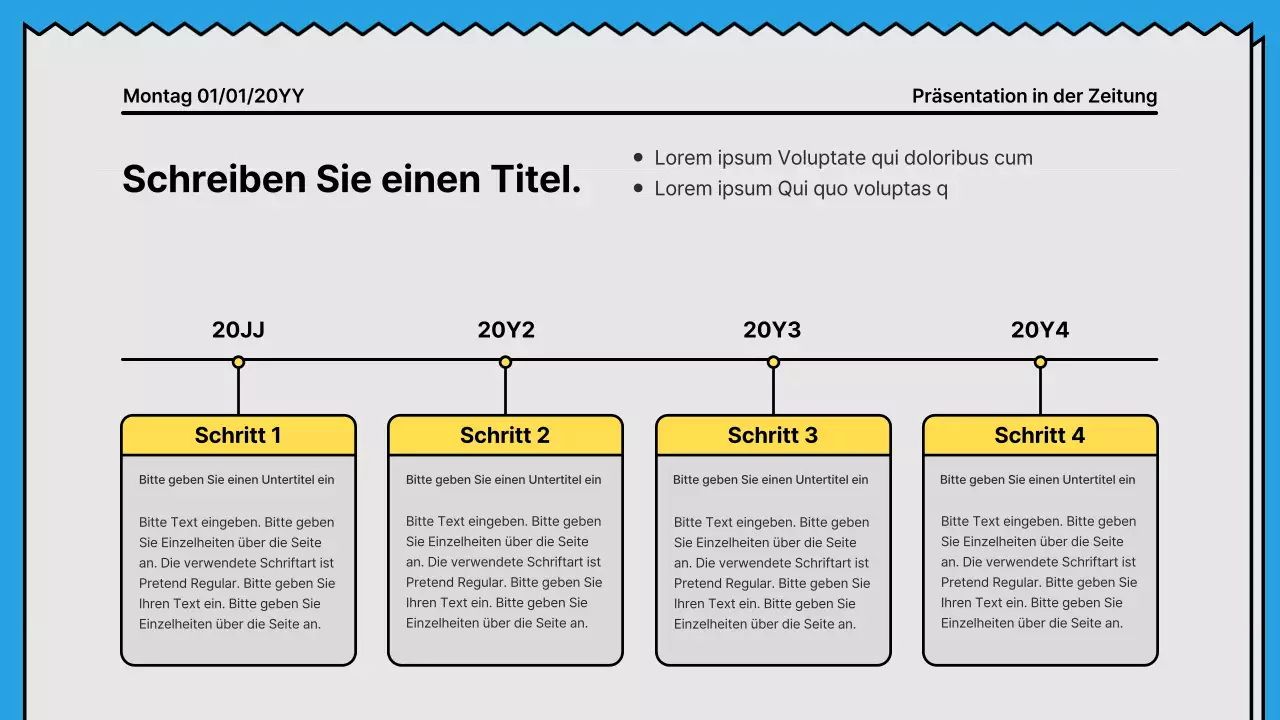 Kräftige Linien und eine aufmerksamkeitsstarke Präsentation in einem Zeitungskonzept mit gelben und hellblauen Akzentfarben