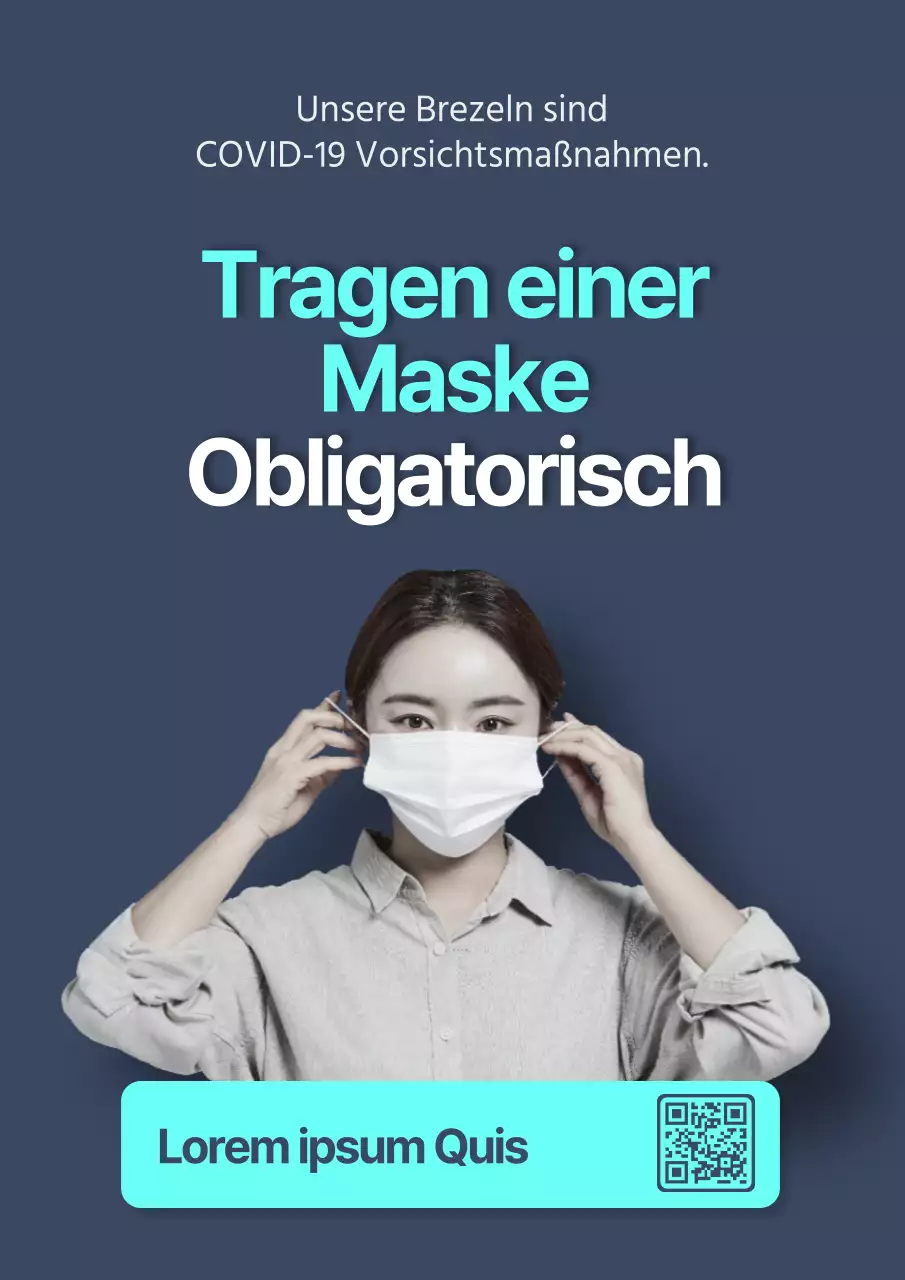 Ein sauberes Plakat mit einem weiblichen Modell, das eine Maske vor einem marineblauen Hintergrund trägt.