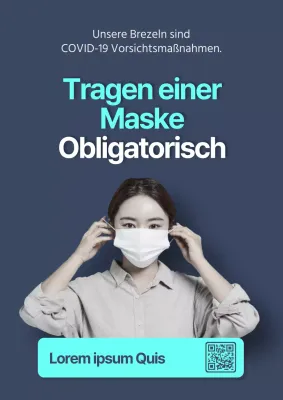 Ein sauberes Plakat mit einem weiblichen Modell, das eine Maske vor einem marineblauen Hintergrund trägt.