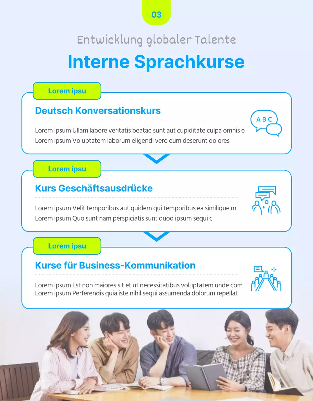 Interner Schulungsleitfaden mit fluoreszierenden blauen Akzenten