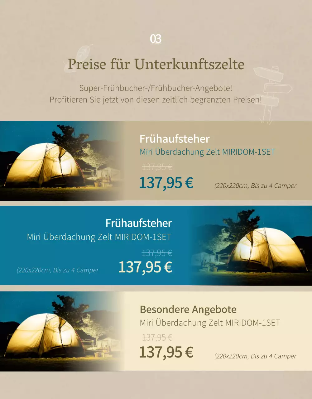 Emotionales Campingkonzept in Marineblau und Beige