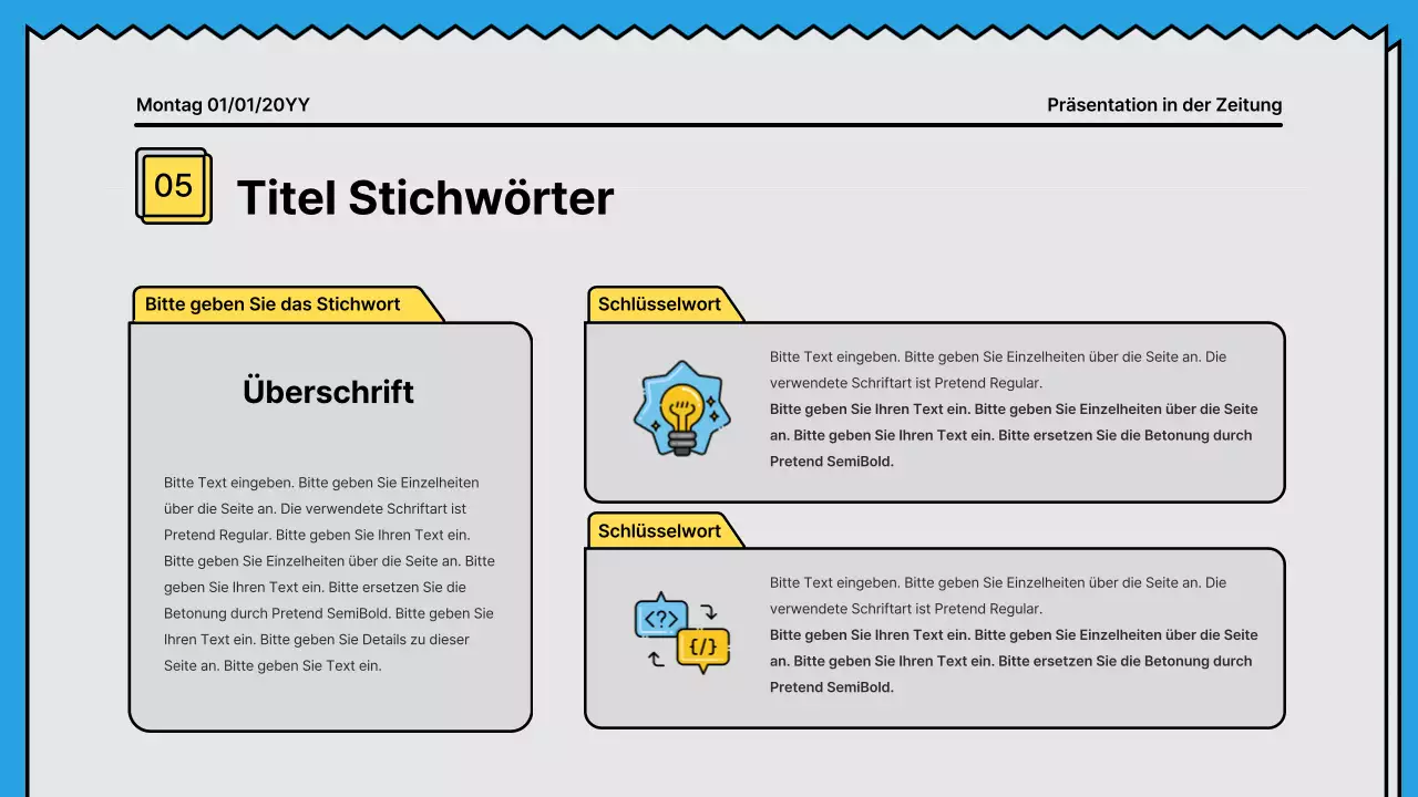 Kräftige Linien und eine aufmerksamkeitsstarke Präsentation in einem Zeitungskonzept mit gelben und hellblauen Akzentfarben