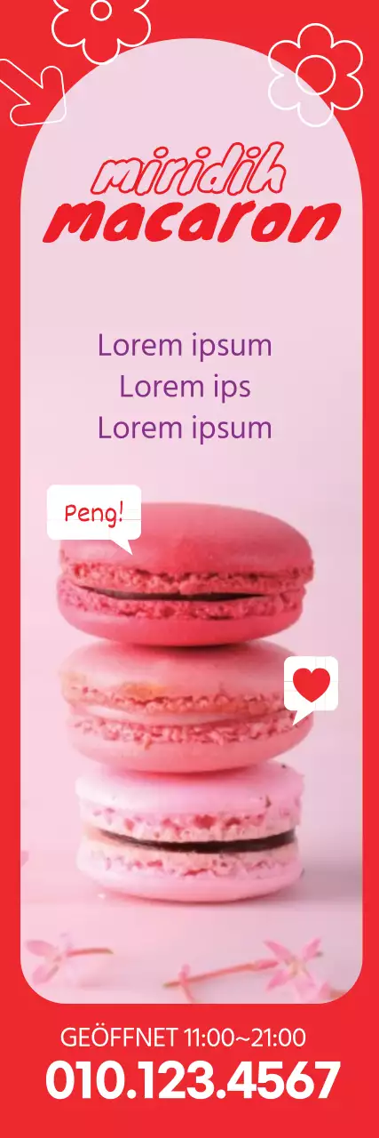 Bewerben Sie ein süßes Café-Macaron-Dessert mit einem roten Fotohighlight
