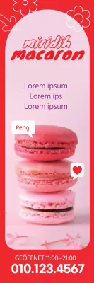 Bewerben Sie ein süßes Café-Macaron-Dessert mit einem roten Fotohighlight