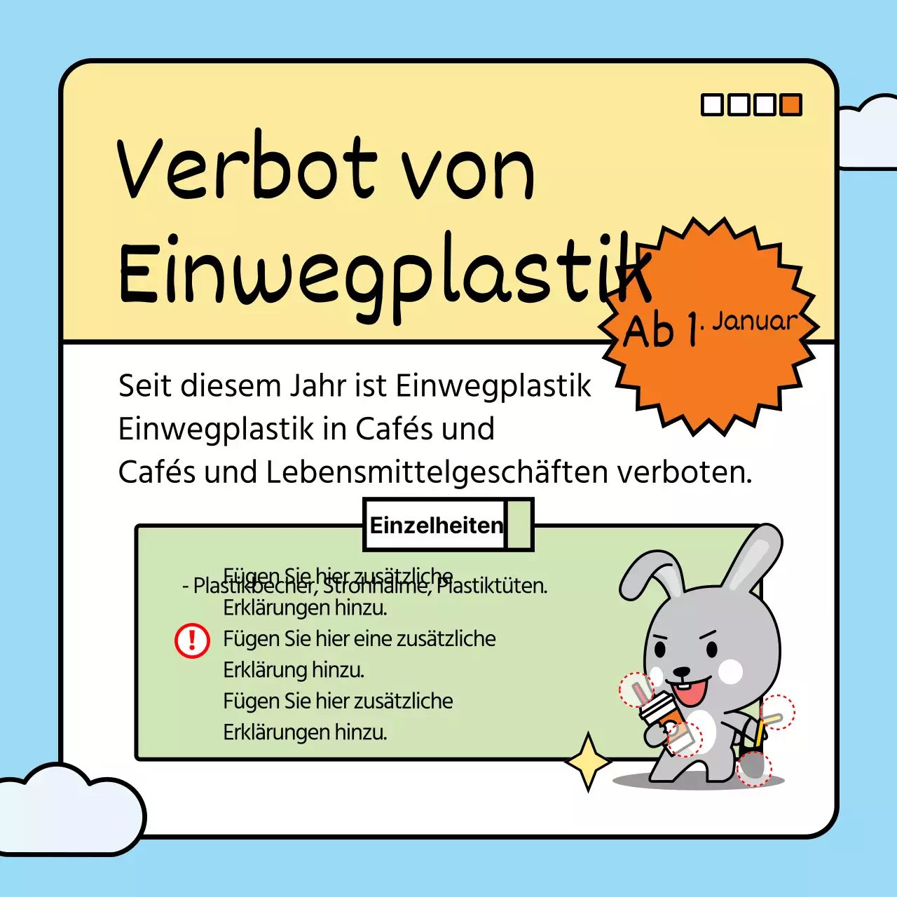 Ein niedliches Häschen in hellblauem und grünem Farbschema stellt die diesjährigen Änderungen der Politik vor