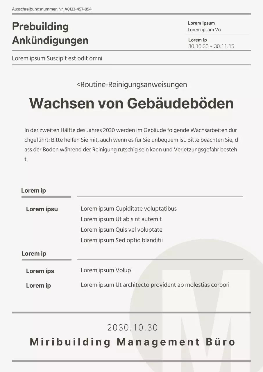 Saubere, in Grautönen gehaltene Formatierung des Bekanntmachungsdokuments