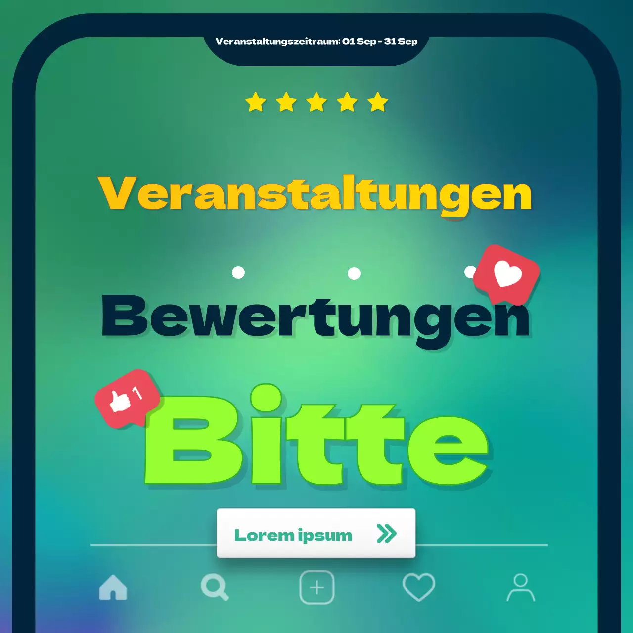 Überarbeitung der Plätze in den sozialen Medien für die Veranstaltungswerbung mit einem frischen grün-gelben Farbschema, mit Schwerpunkt auf den Titeln