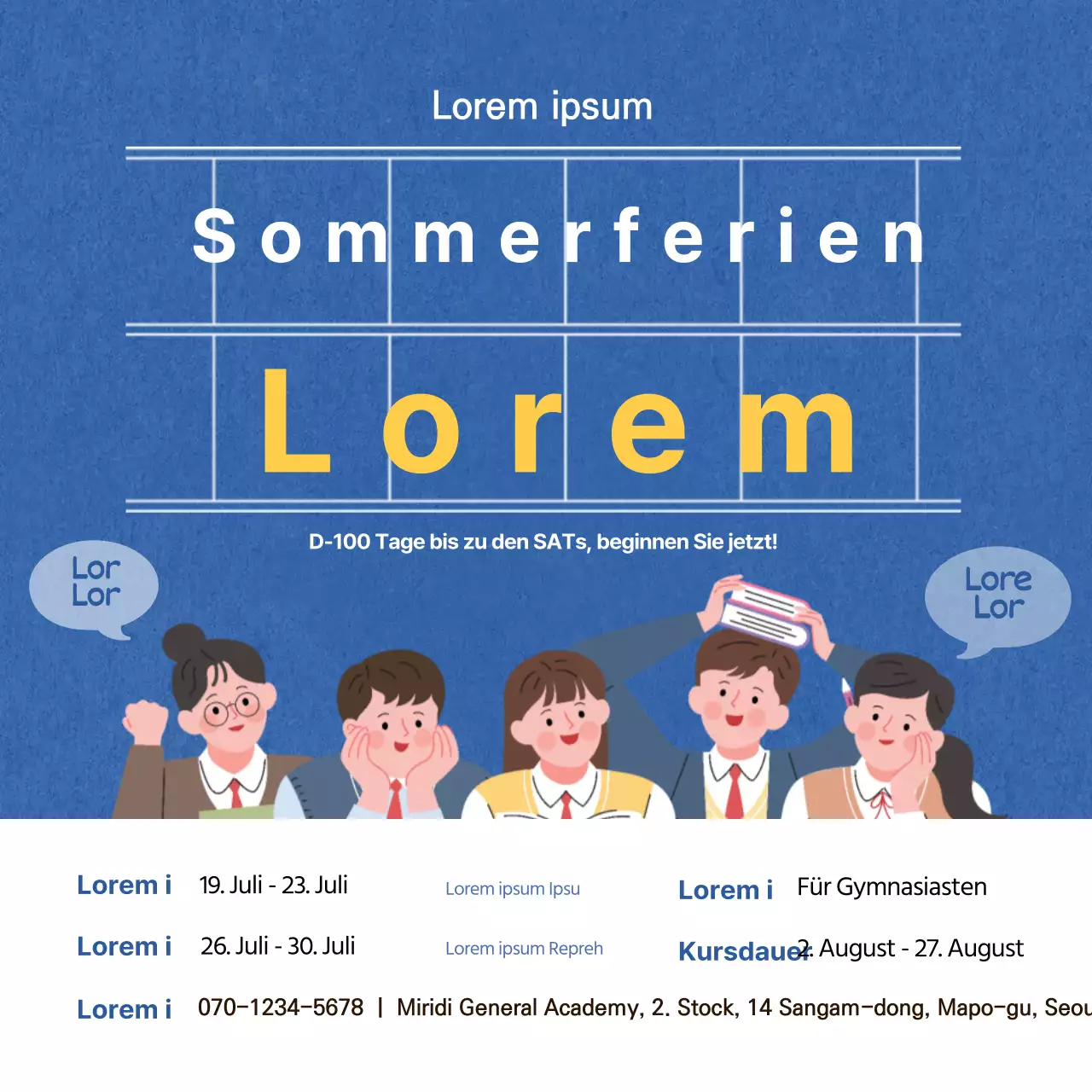 Ein quadratisches Banner mit einer blauen Illustration zur Werbung für eine Sommerschule für SATs.