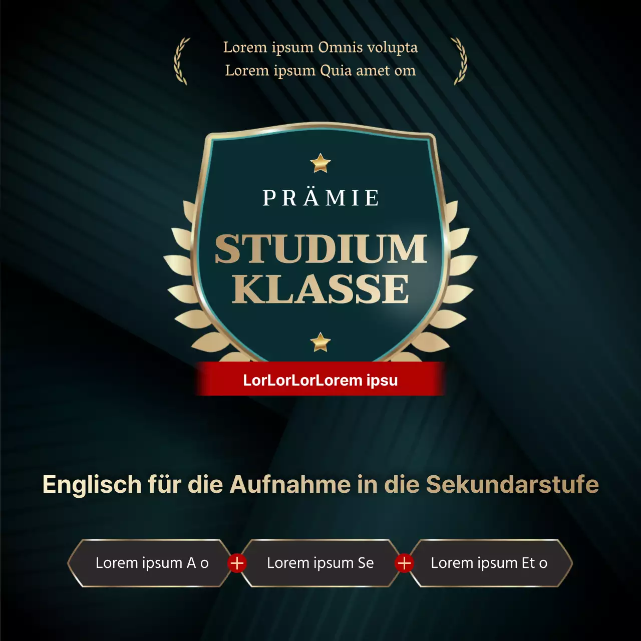 Dunkles Türkis und Gold mit einem luxuriösen Etikettenkonzept für eine Aufnahmeprüfung an einer englischen Sprachschule